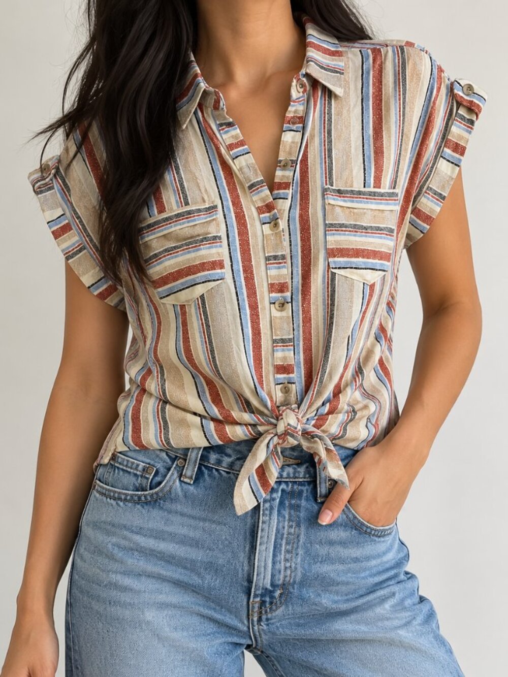 Eden & Olivia Striped Tie Front Button Down Blouse